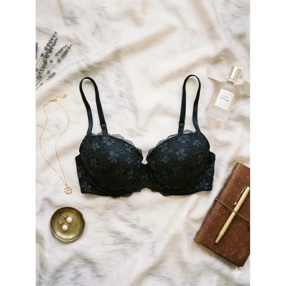 Victoria's Secret Dream Angels‎ Lined Demi Bra Black Floral Lace 32DD
